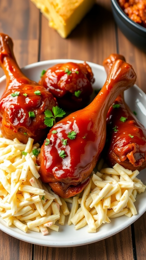 Crockpot Chicken Drumsticks Recipe Delicious crockpot chicken drumsticks with barbecue sauce, garnished with parsley, served with coleslaw and cornbread.